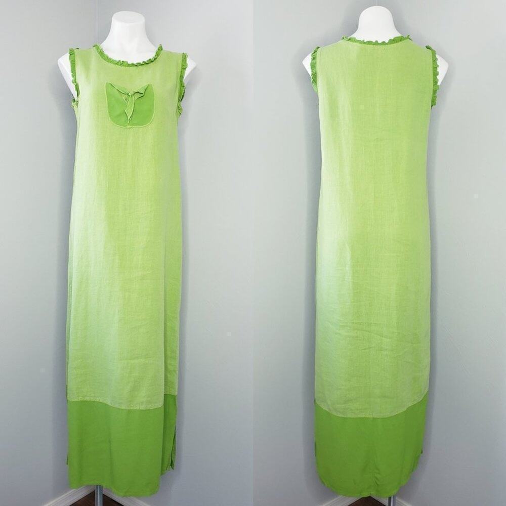 Vintage Russ Berens Malibu Linen Maxi Dress Green Tank Women's XS Made In USA